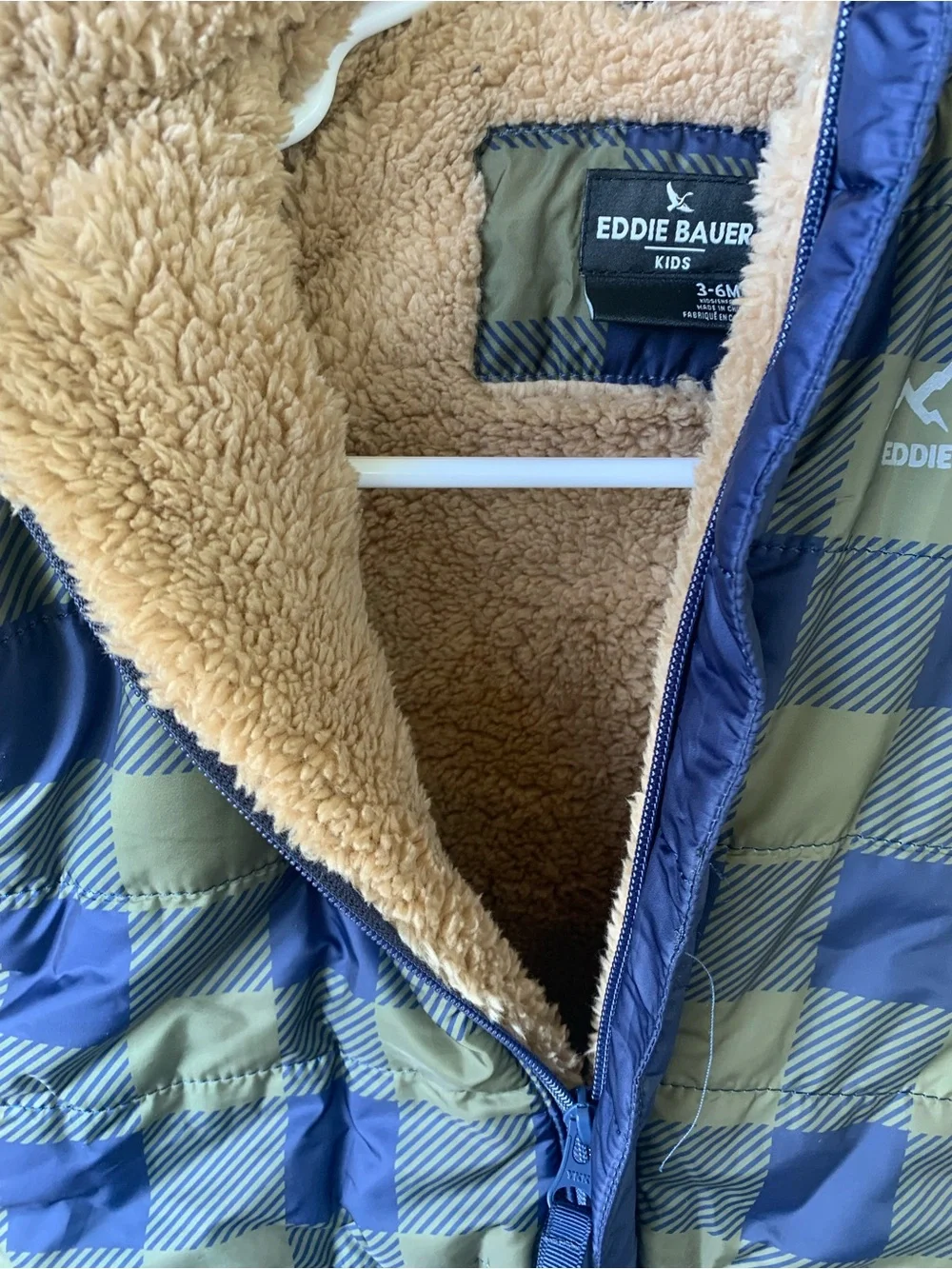 Eddie Bauer Navy Olive Plaid Sherpa Lined Infant Bunting Snowsuit Winter Coat